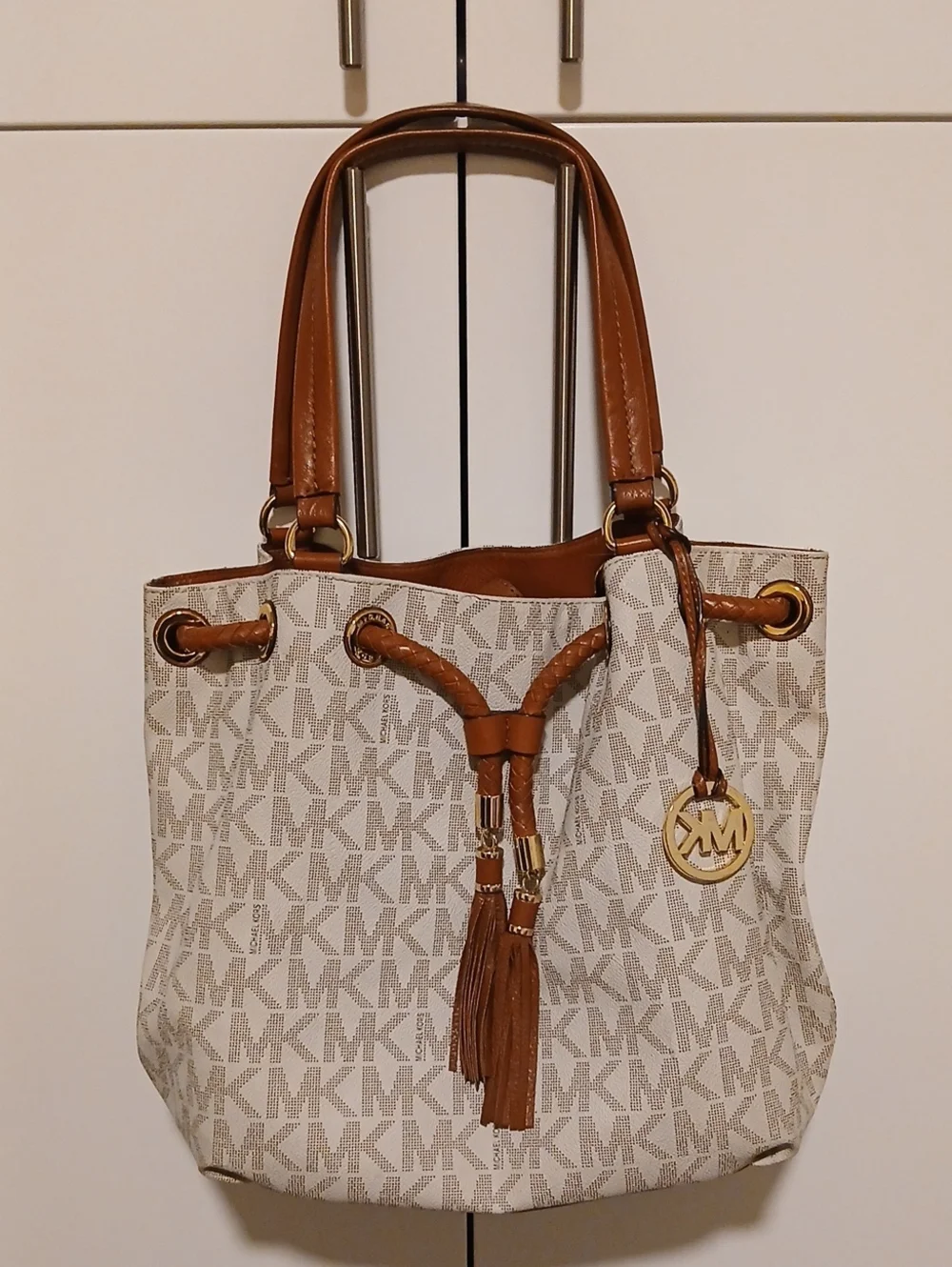Michael Kors Beige Logo Tote with Brown Leather Trim and Tassel